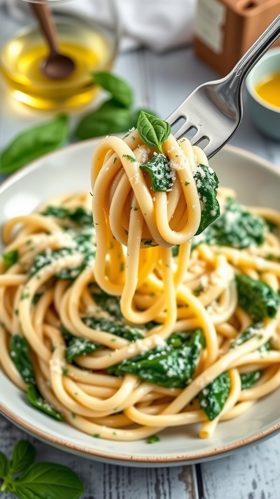 Creamy spinach and ricotta pasta garnished with Parmesan and basil on a rustic table.